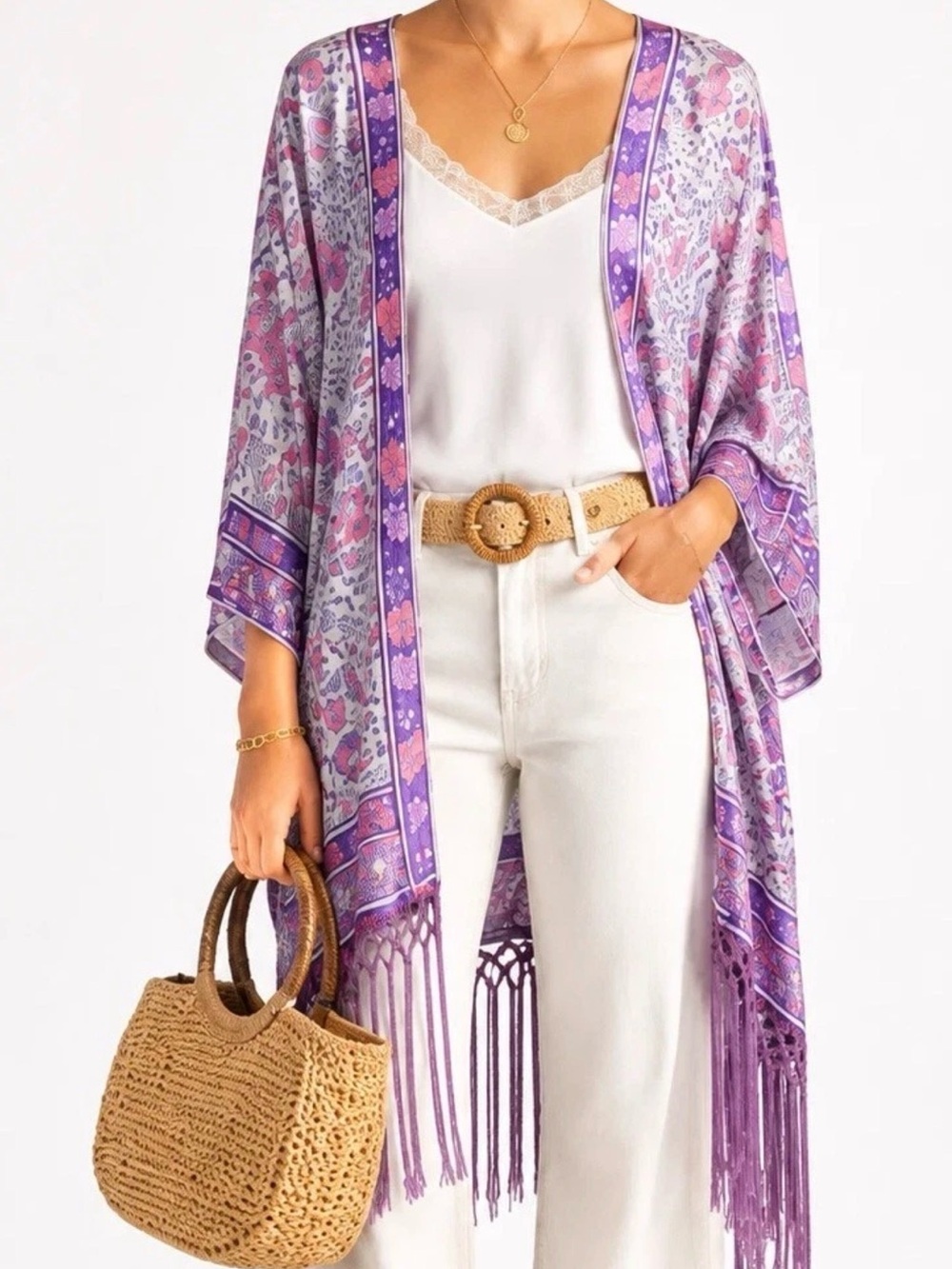 Calypso St Barth Silk Kimono Cover Up XS Floral Pink Purple Boho